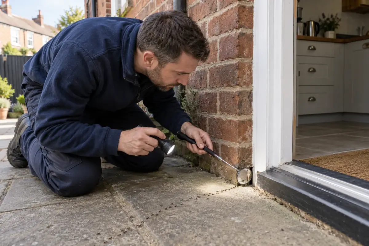 Technician following an ant trail to an exterior brickwork entry gap