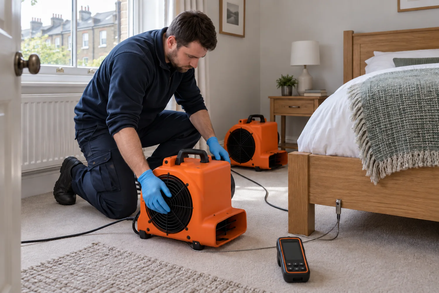 Technician positioning heat-treatment equipment in a bedroom