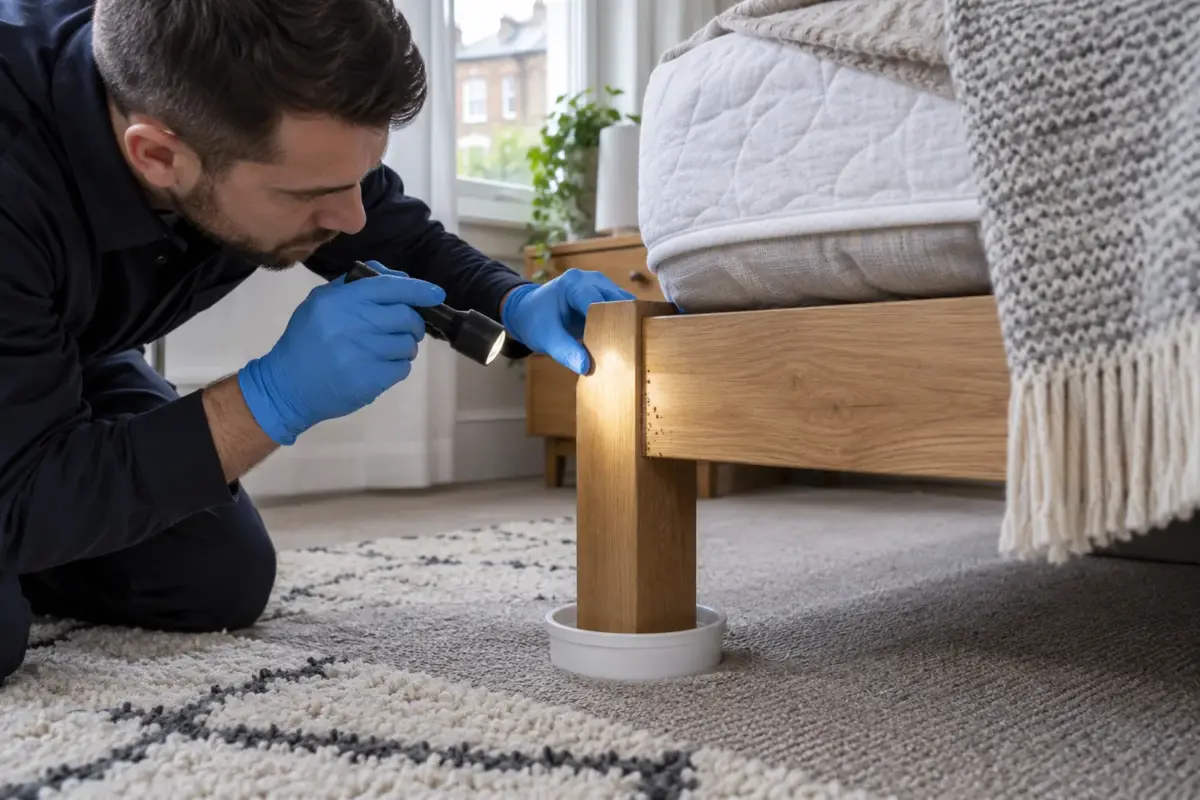 Technician inspecting a wooden bed frame beside a bed bug interceptor