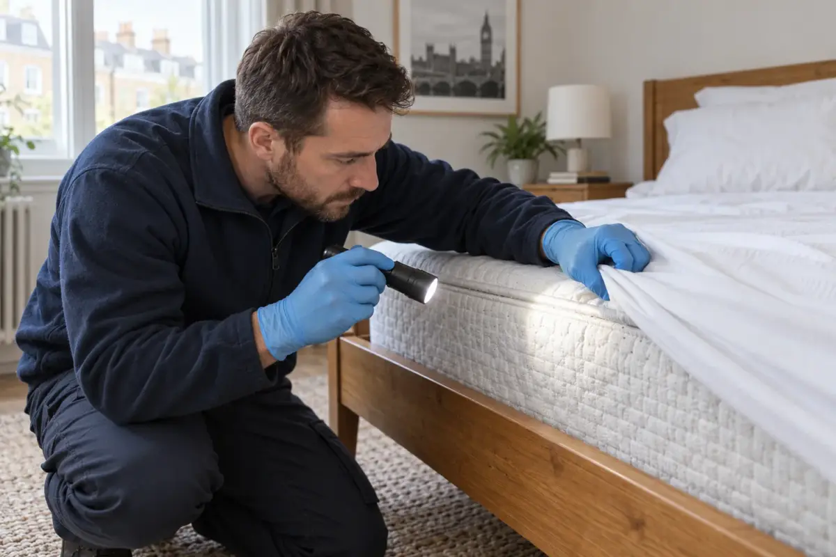 Technician inspecting a mattress seam for signs of bed bugs
