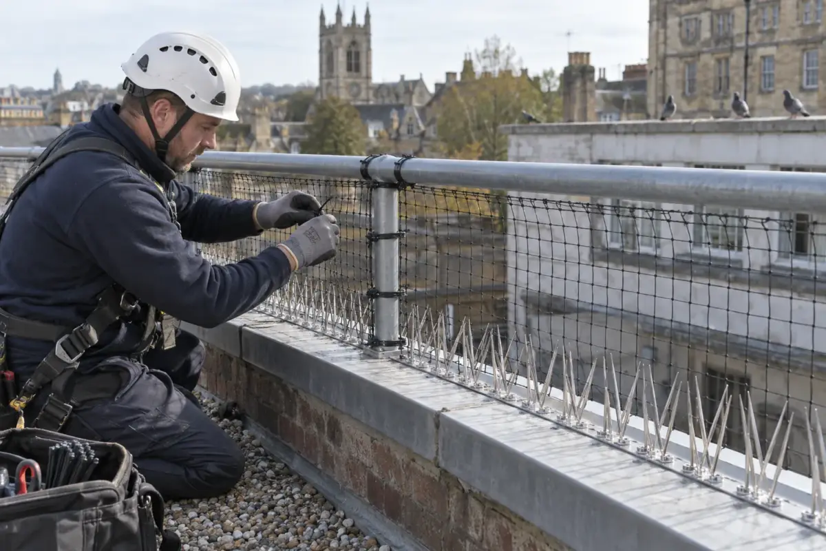 Technician securing bird exclusion netting on a protected roof parapet