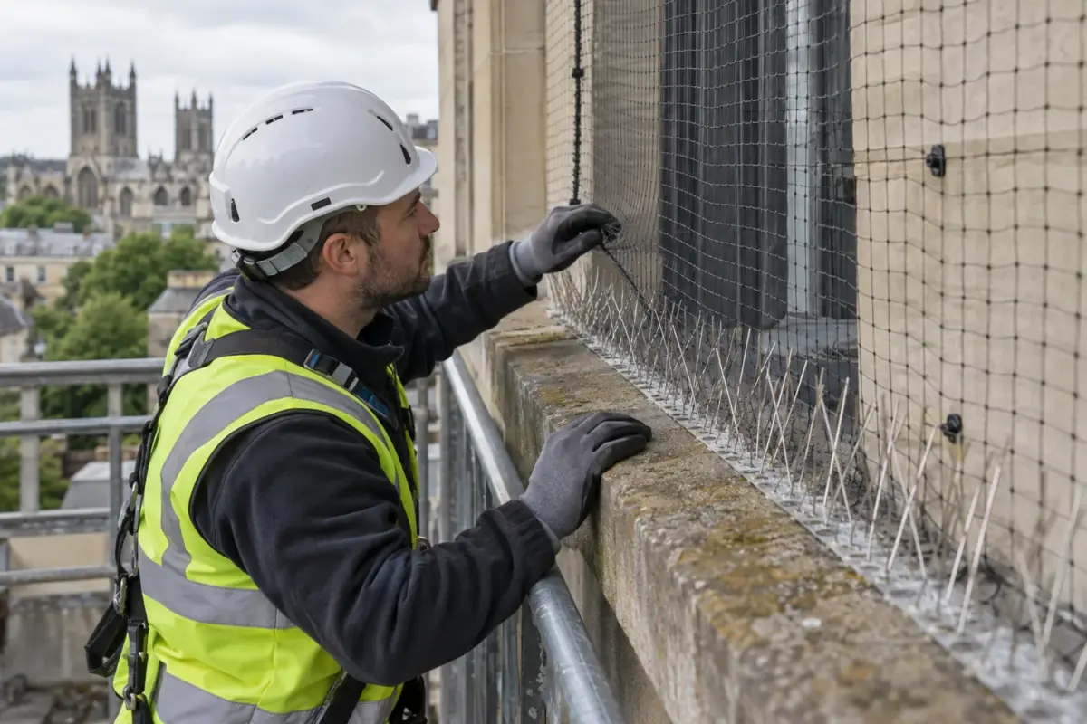 Technician inspecting bird exclusion netting and spikes on a roof ledge