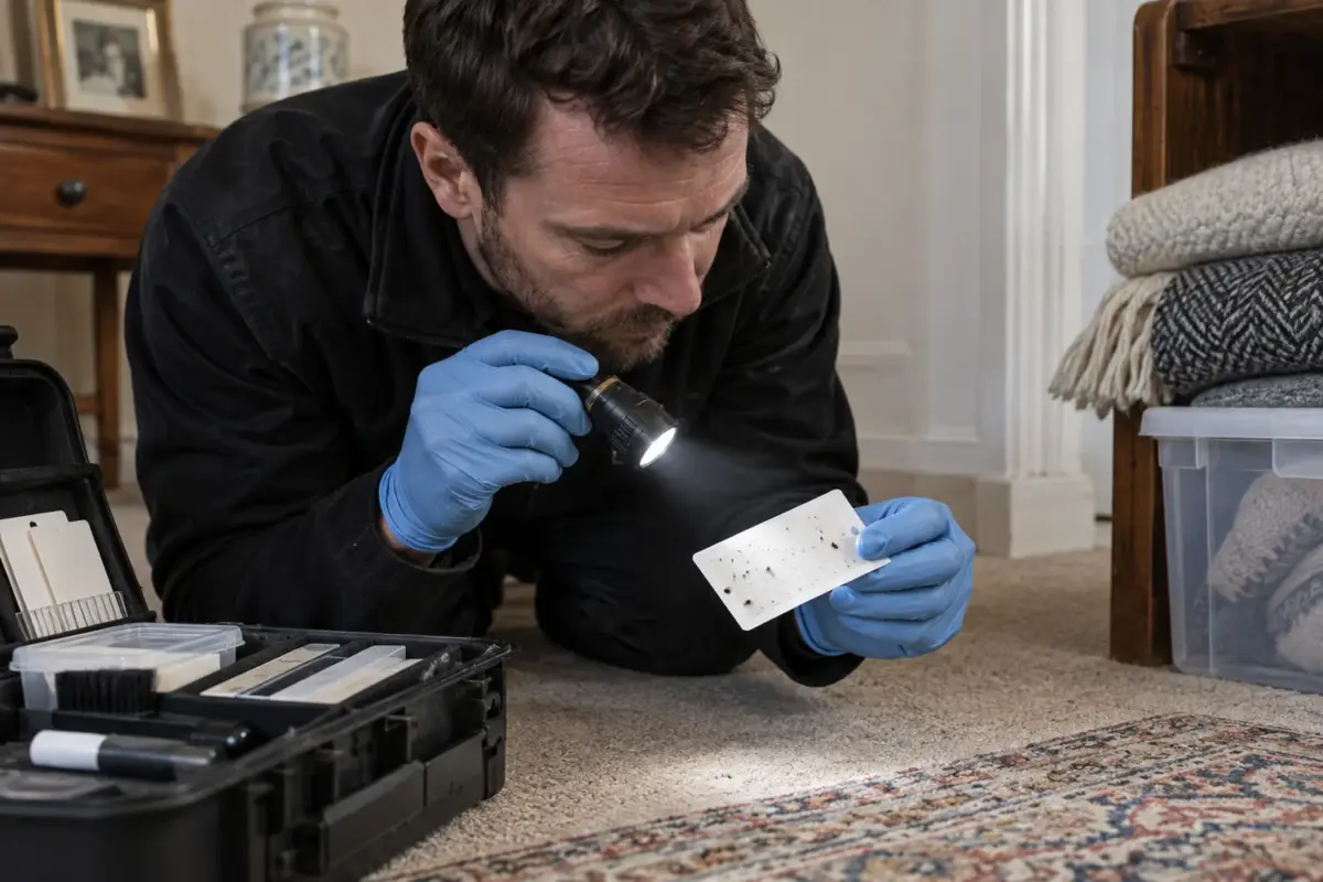 Technician inspecting a textile-pest monitoring card beside a carpet