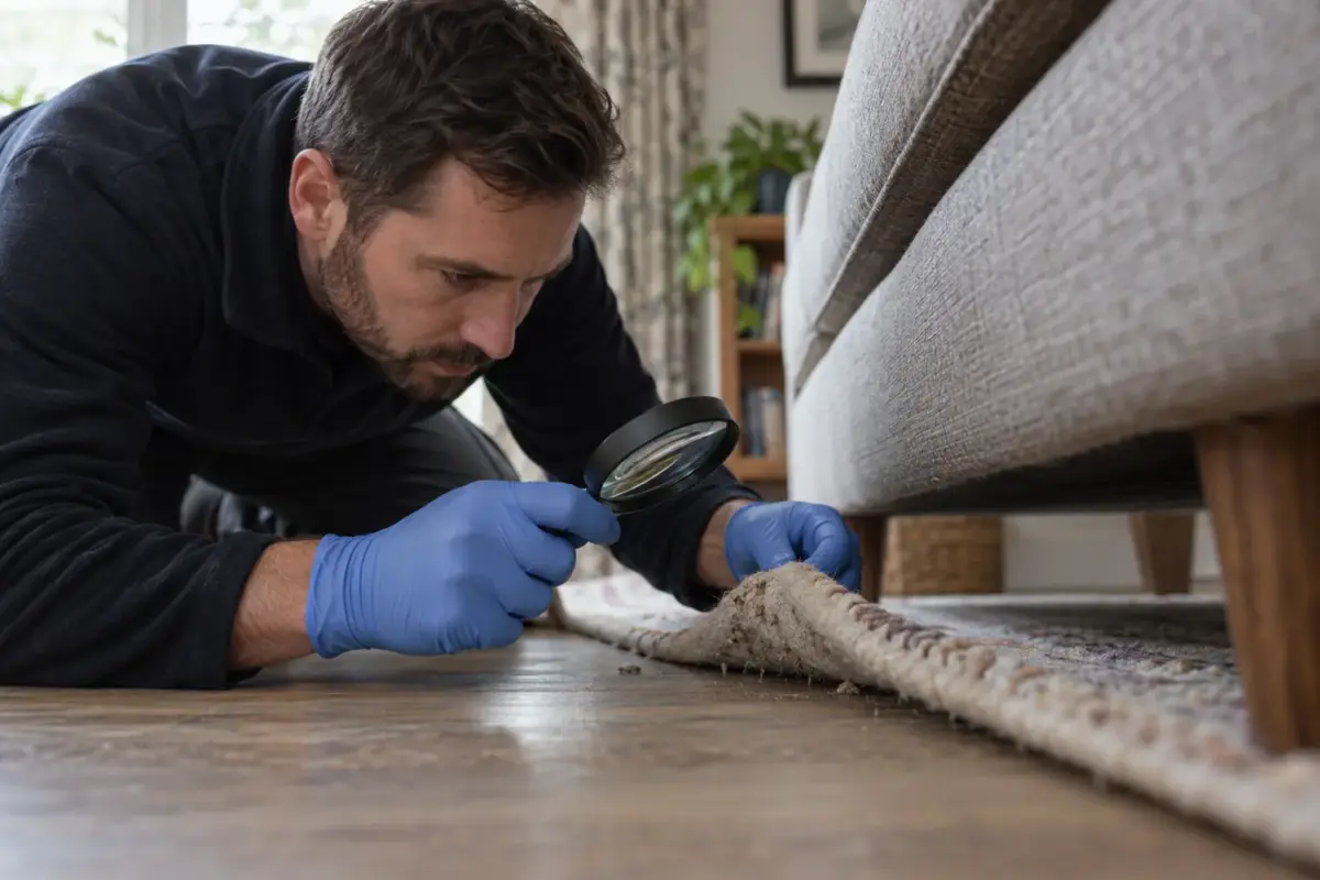 Technician examining textile damage at the edge of a wool rug