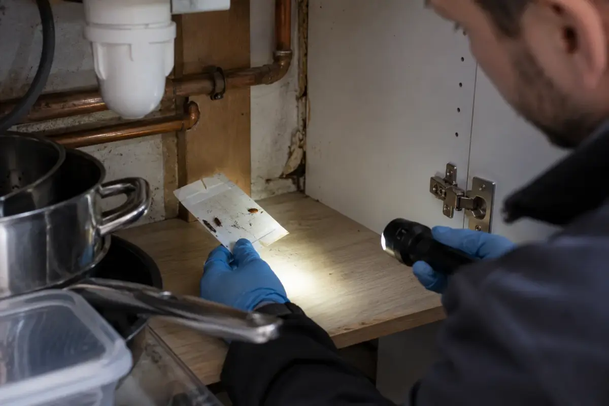 Technician examining a cockroach trap inside a kitchen cupboard