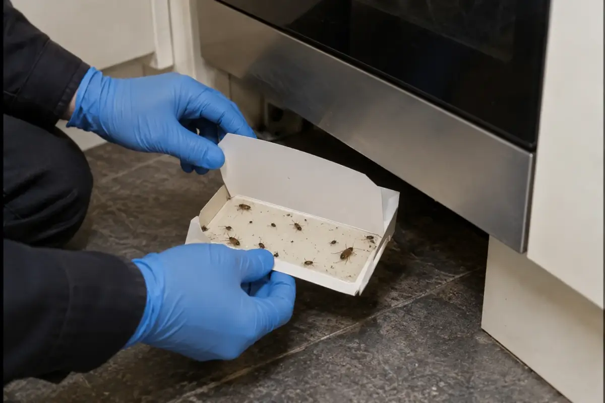 Gloved hands checking cockroach evidence on a monitoring card