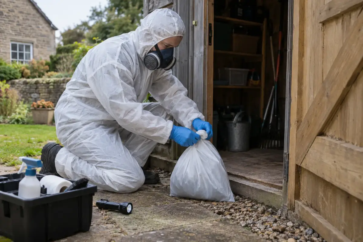 Protected technician sealing an animal-removal bag outside a shed