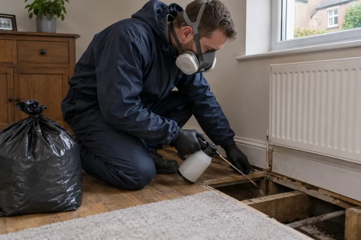 Protected technician disinfecting a floor void after dead animal removal