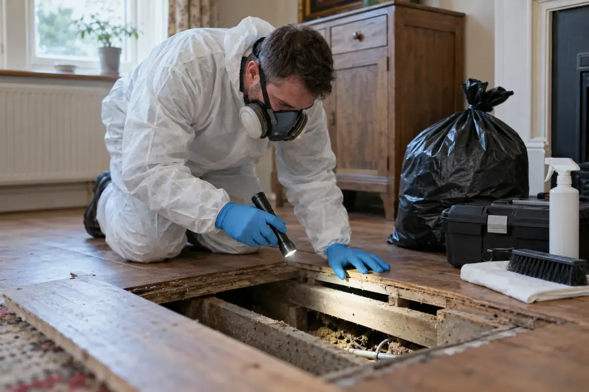 Protected technician inspecting a floor void after animal removal