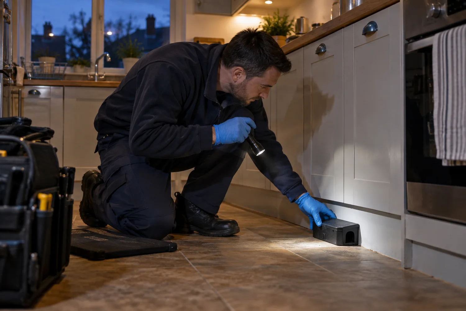 Technician investigating rodent activity in a kitchen after dark