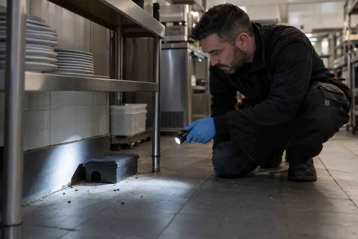 Technician checking fresh rodent signs in a commercial kitchen
