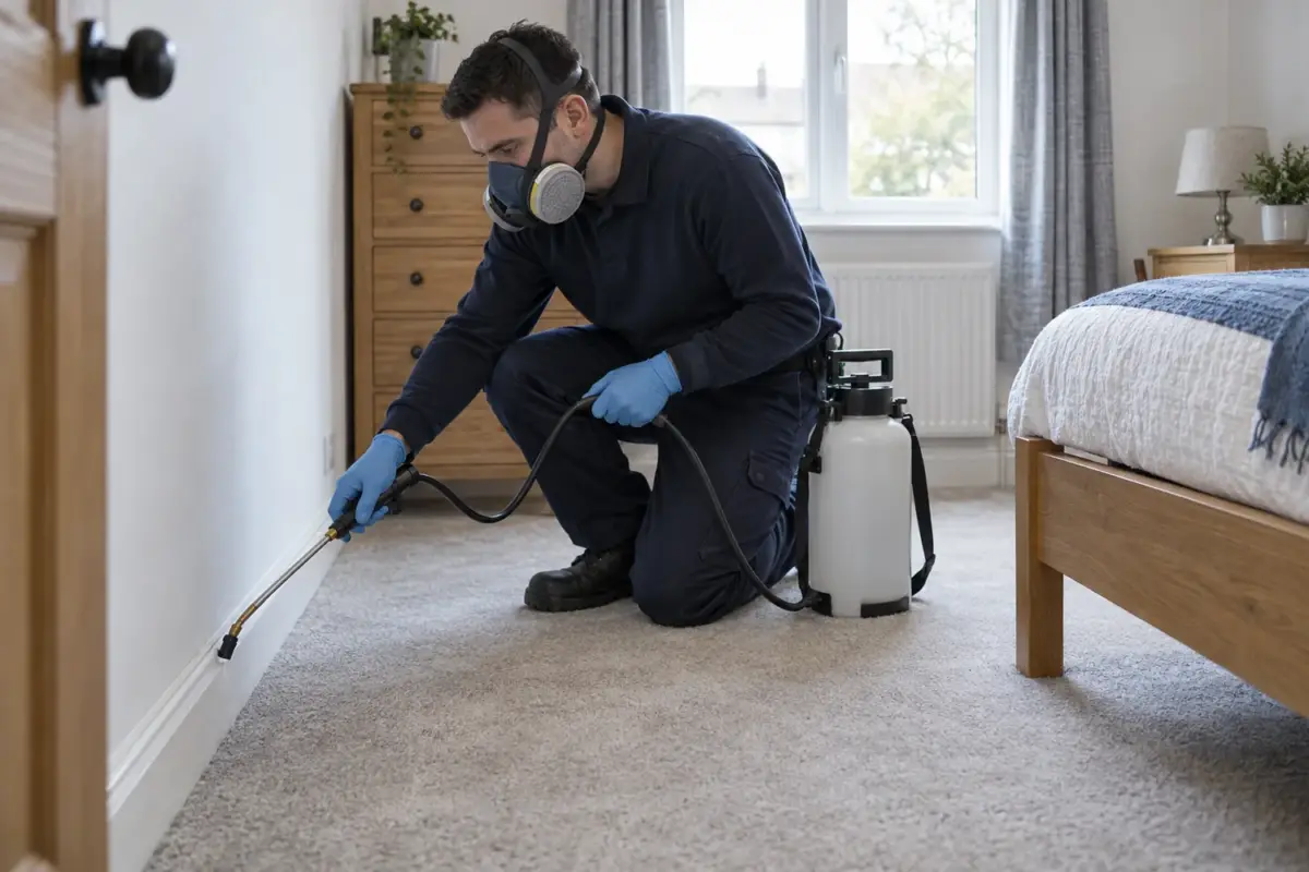Technician carrying out targeted flea treatment along a bedroom carpet edge