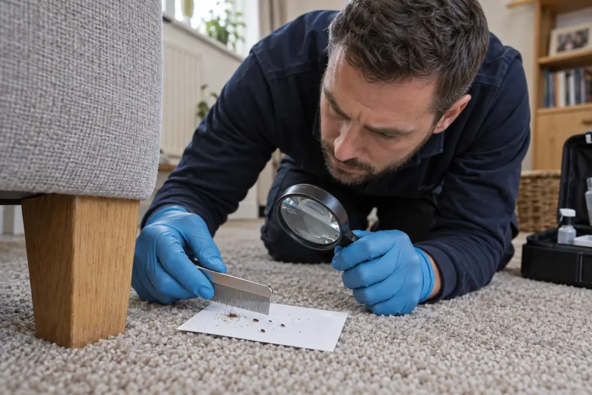 Technician inspecting flea evidence among carpet fibres beside a sofa