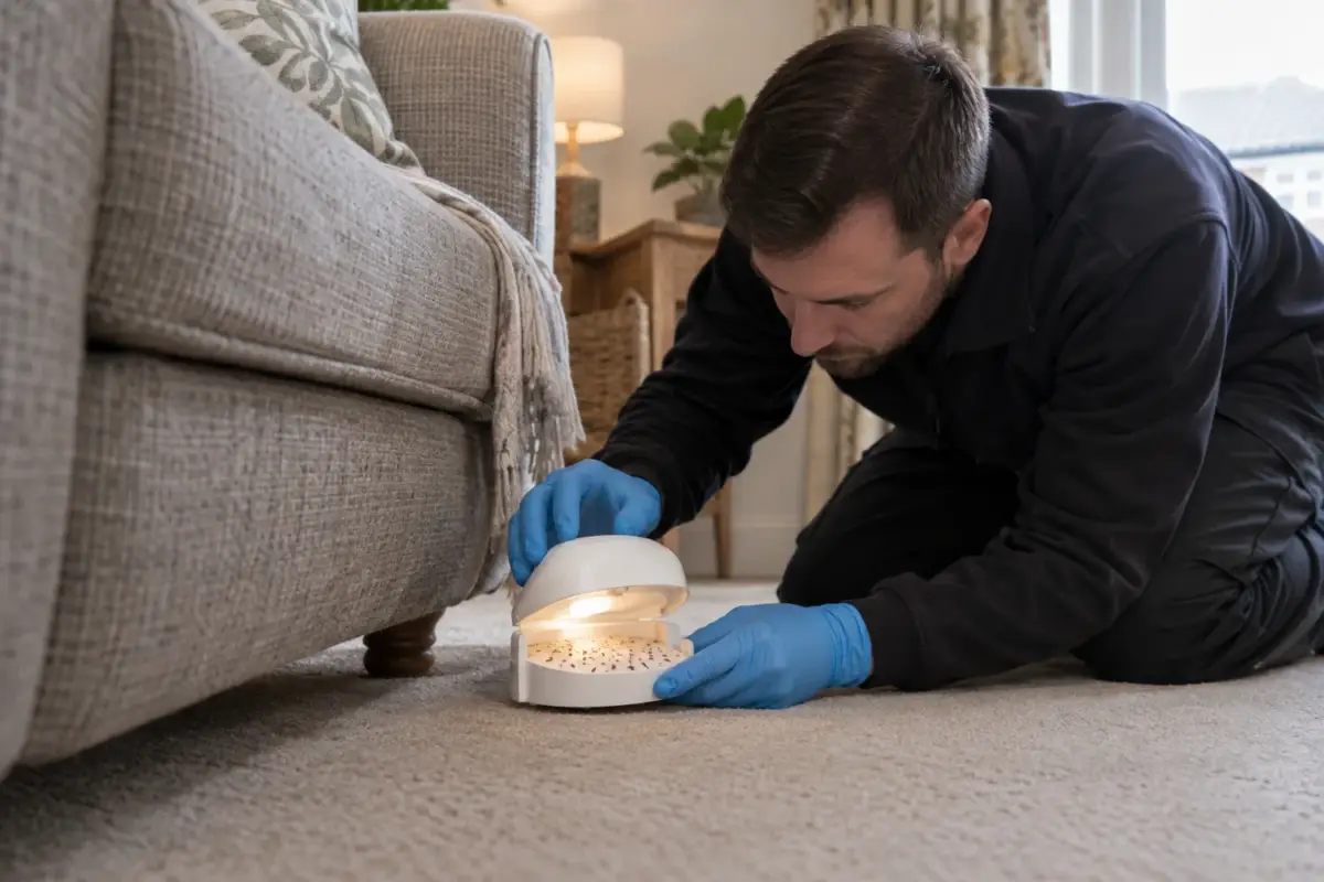 Technician examining a flea light trap beside a sofa