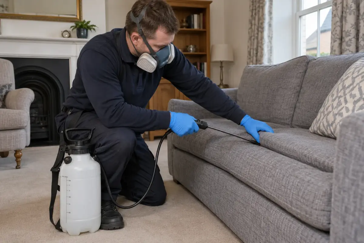 Technician applying targeted flea treatment to upholstered furniture