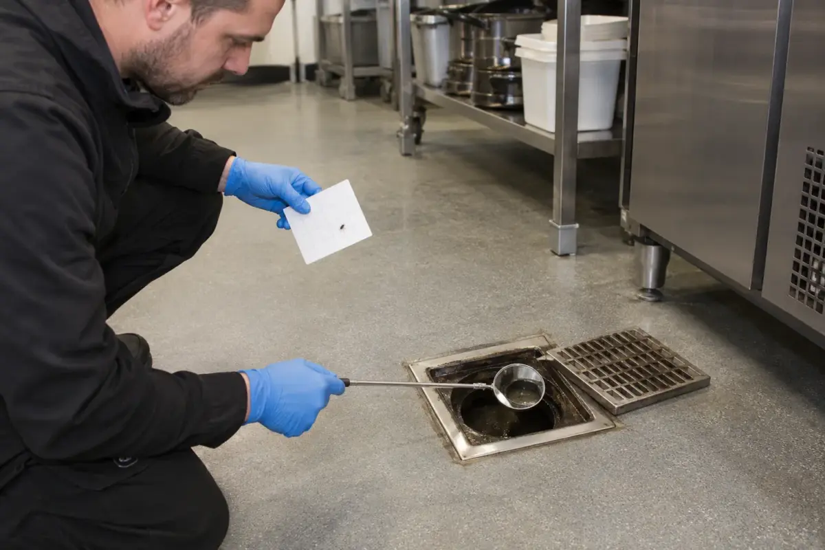 Technician examining insect evidence around a commercial kitchen drain