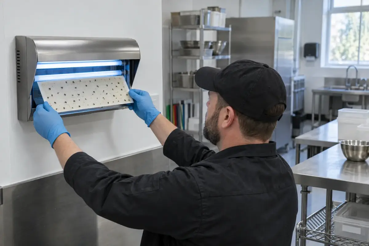 Technician checking a fly trap glueboard in a commercial kitchen