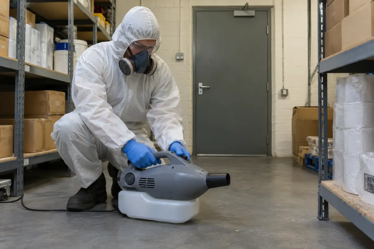 Protected technician checking a compact professional fogging unit