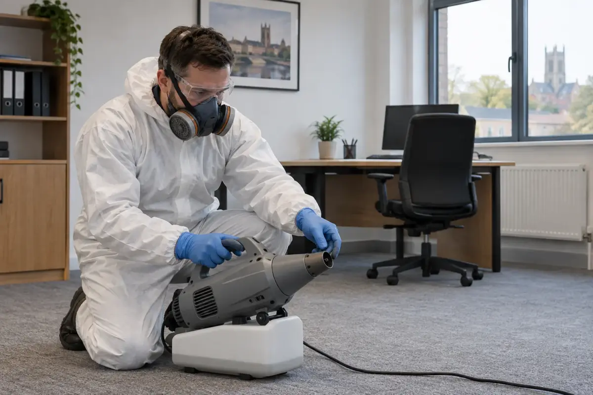 Protected technician preparing ULV fogging equipment in an unoccupied office