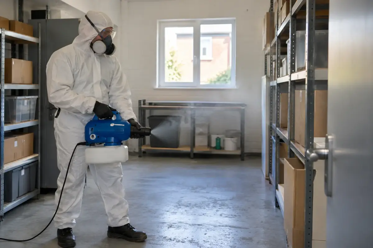 Protected technician carrying out controlled fogging in an empty storage room