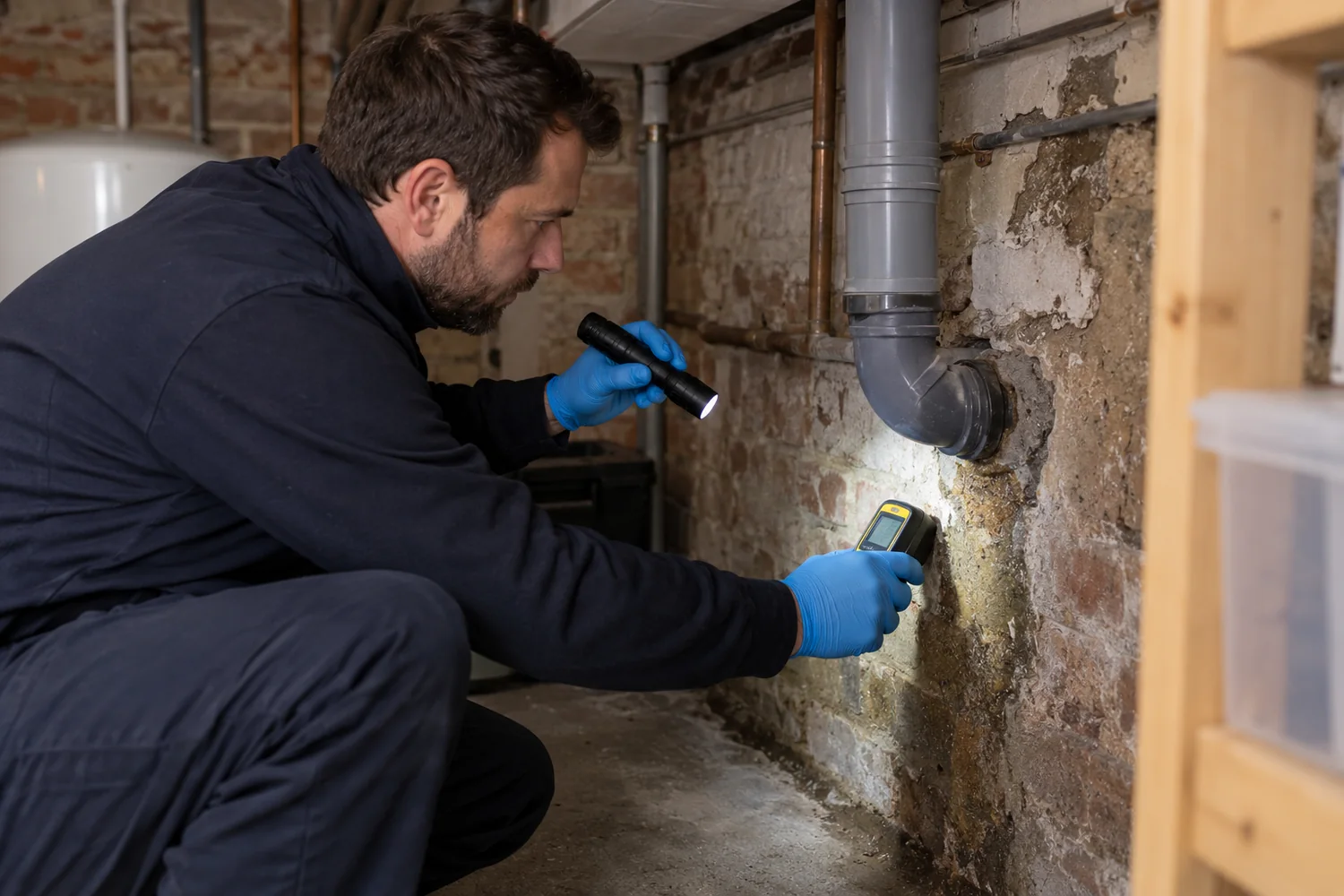 Technician inspecting damp masonry and pipework in a basement