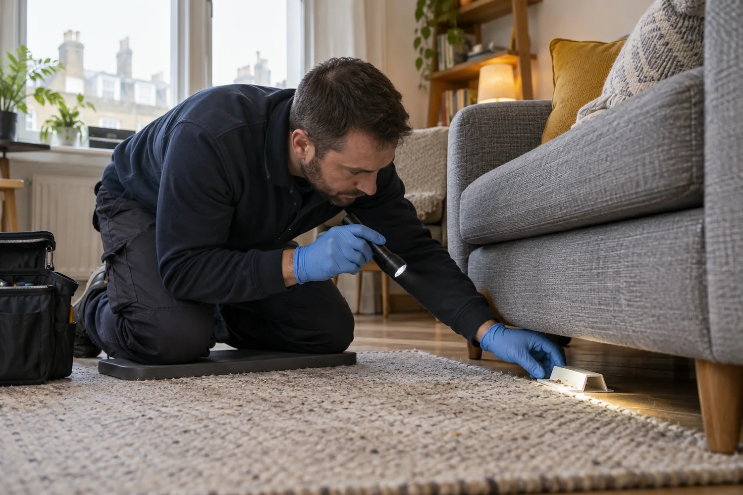 Technician examining an insect monitoring trap beneath a sofa