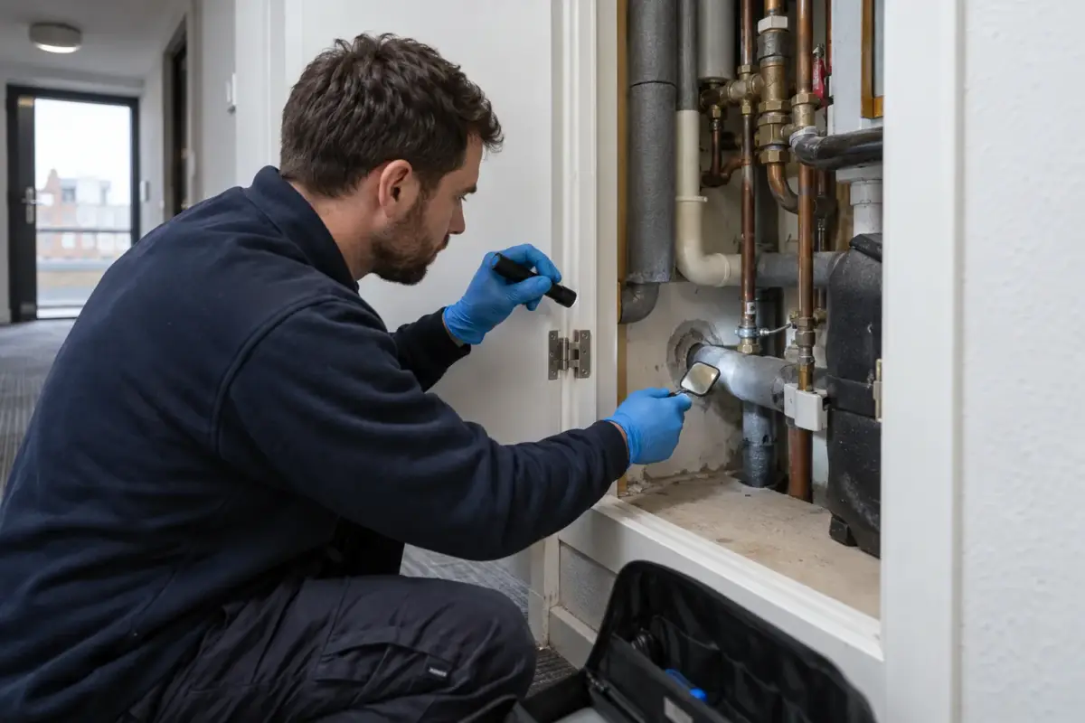 Technician inspecting pest access around communal service pipework