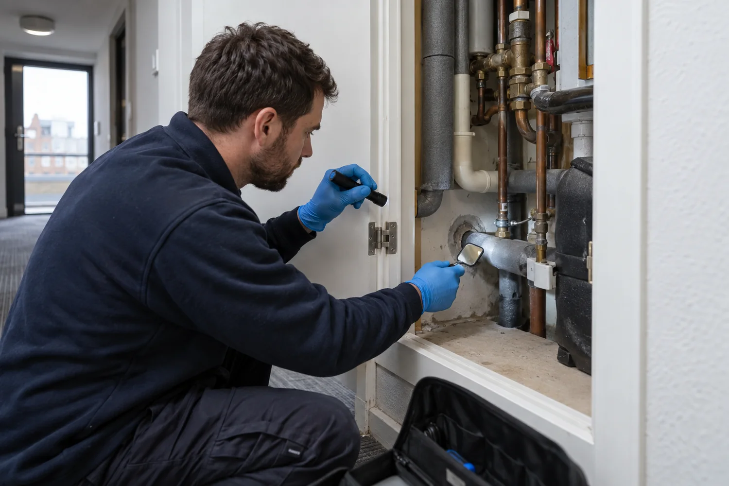 Technician inspecting pest access around communal service pipework
