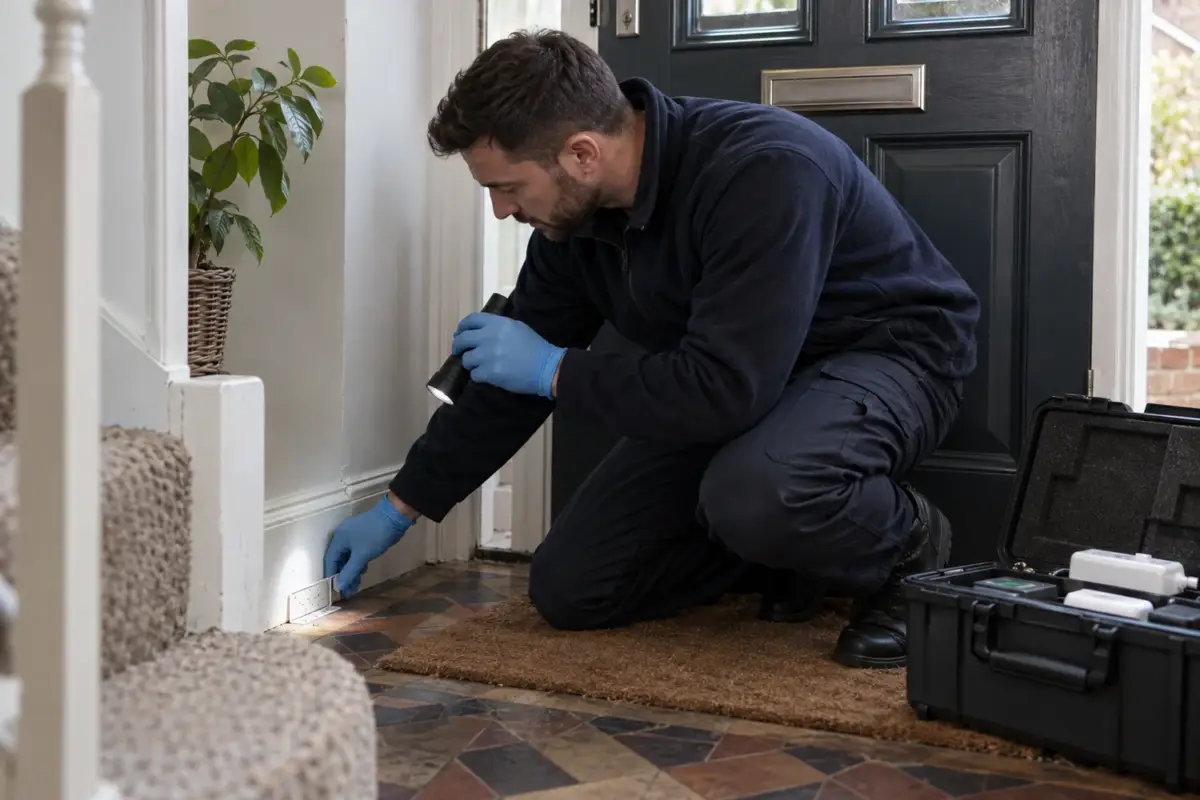 Technician checking a pest entry gap beside a front door
