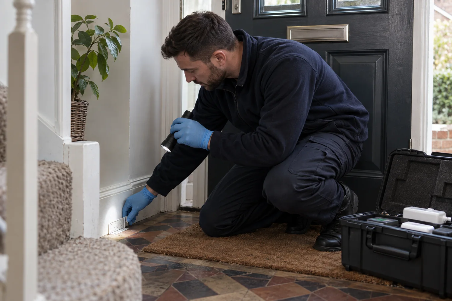 Technician checking a pest entry gap beside a front door