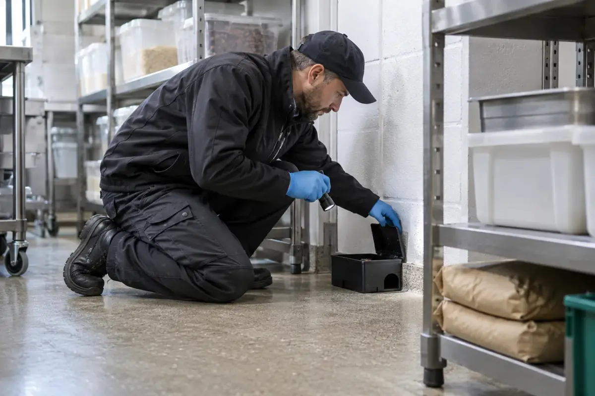 Technician inspecting a rodent monitoring station in a food storage room