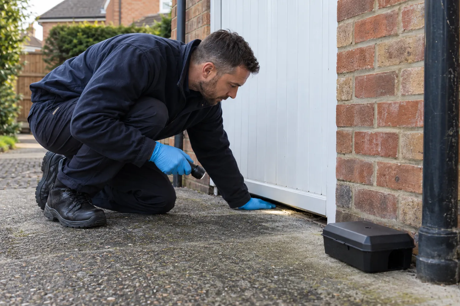 Technician inspecting a garage door gap beside a rodent station