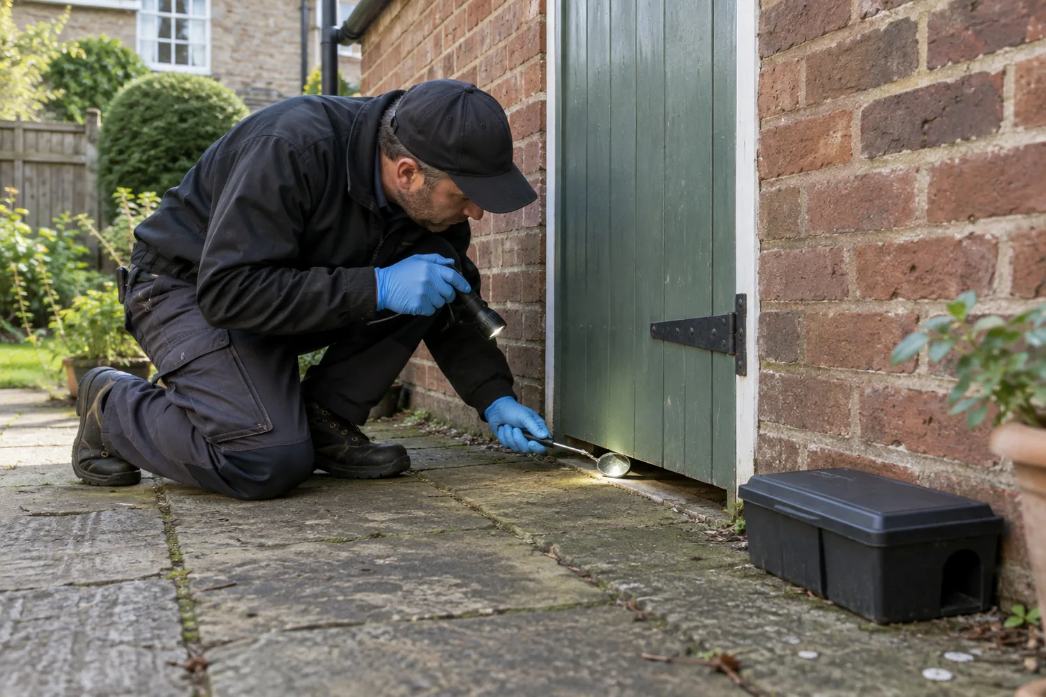 Technician checking a shed doorway gap beside a rodent station