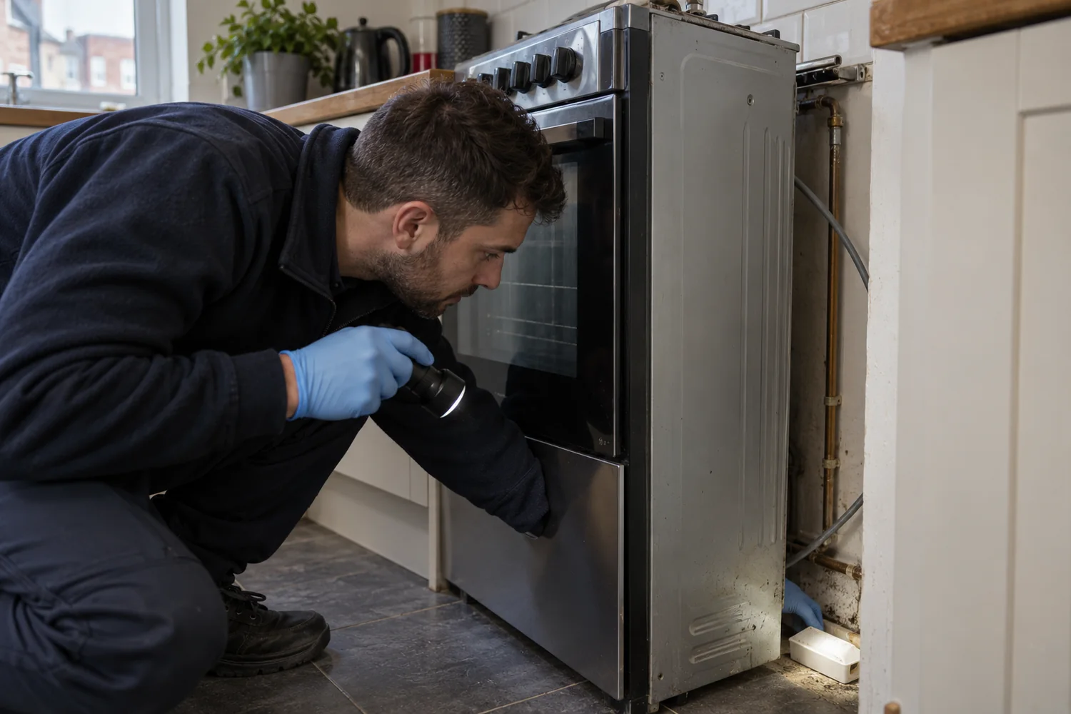 Technician inspecting pest access and monitoring behind a kitchen appliance