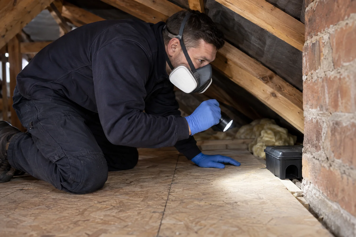 Technician inspecting rodent activity beside a monitoring station in a loft