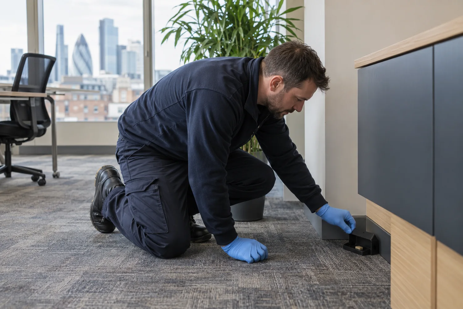 Technician checking a pest monitoring station in an office