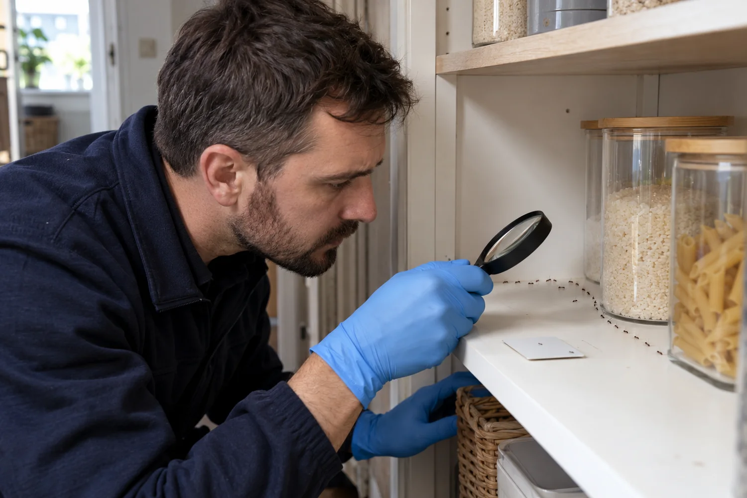 Technician inspecting an ant trail inside a food storage cupboard