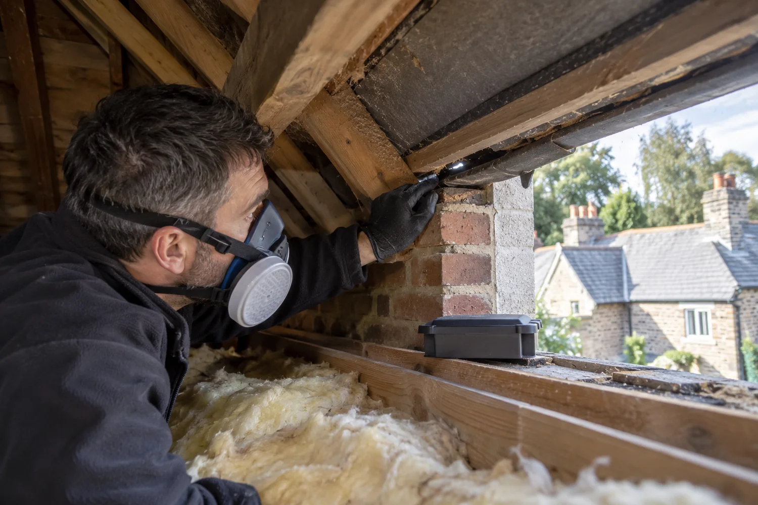 Technician inspecting a roof access gap in a period property loft