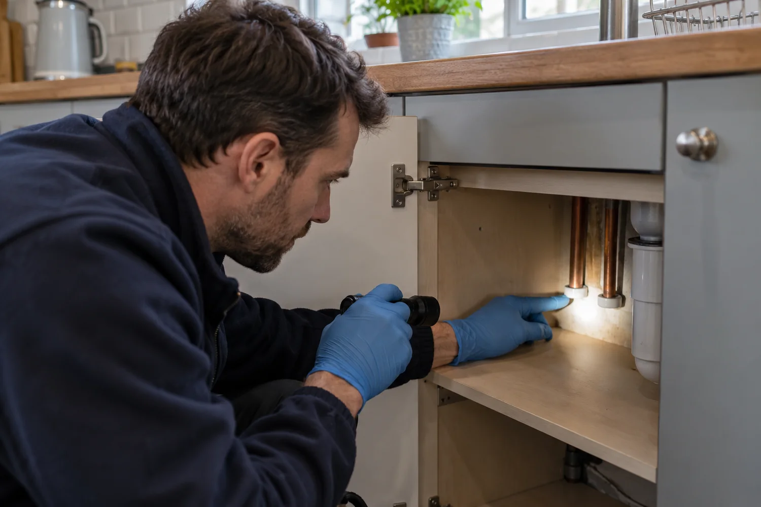 Technician inspecting gaps around kitchen pipe entry points