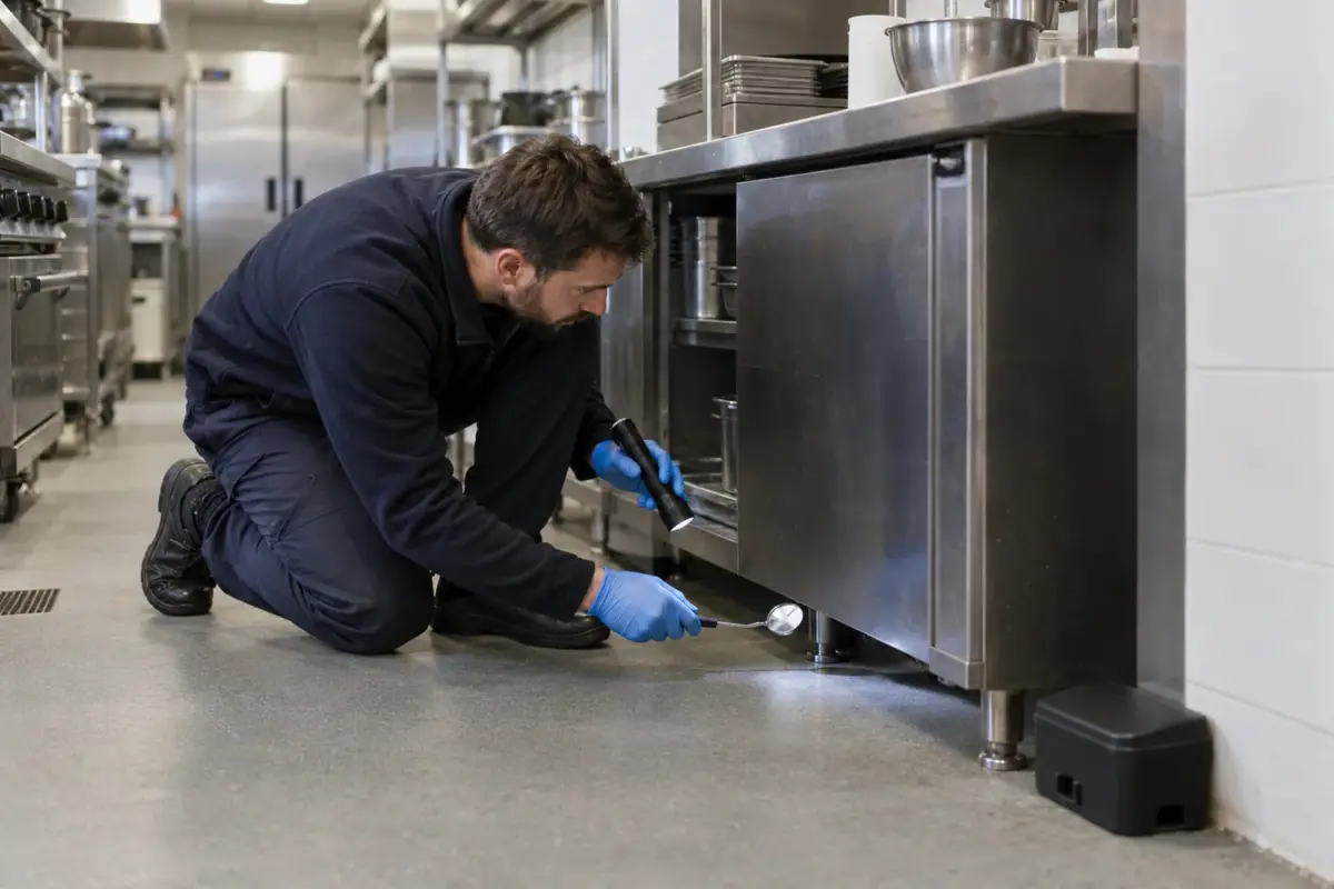 Technician inspecting rodent access beneath commercial kitchen units