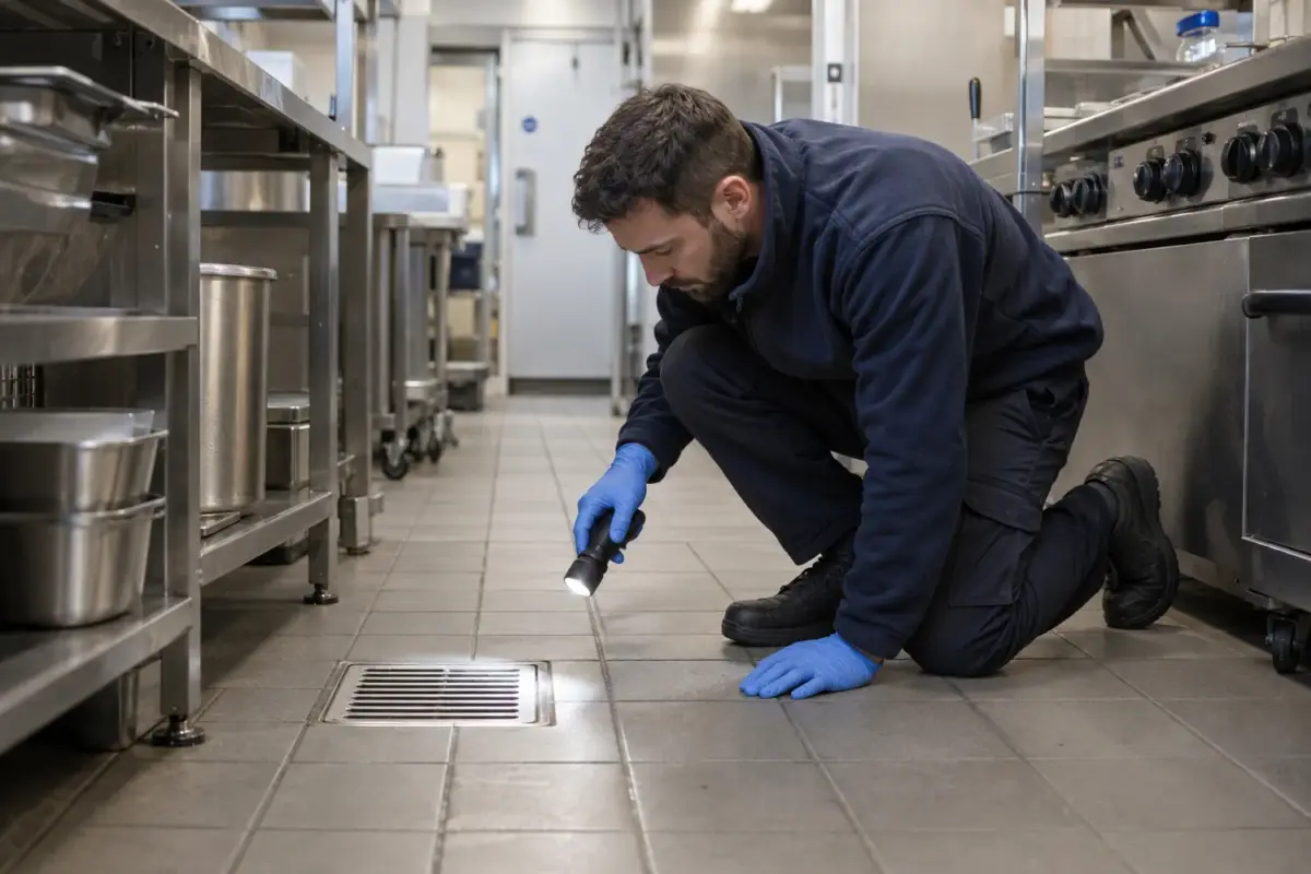 Technician inspecting pest activity around a commercial kitchen drain