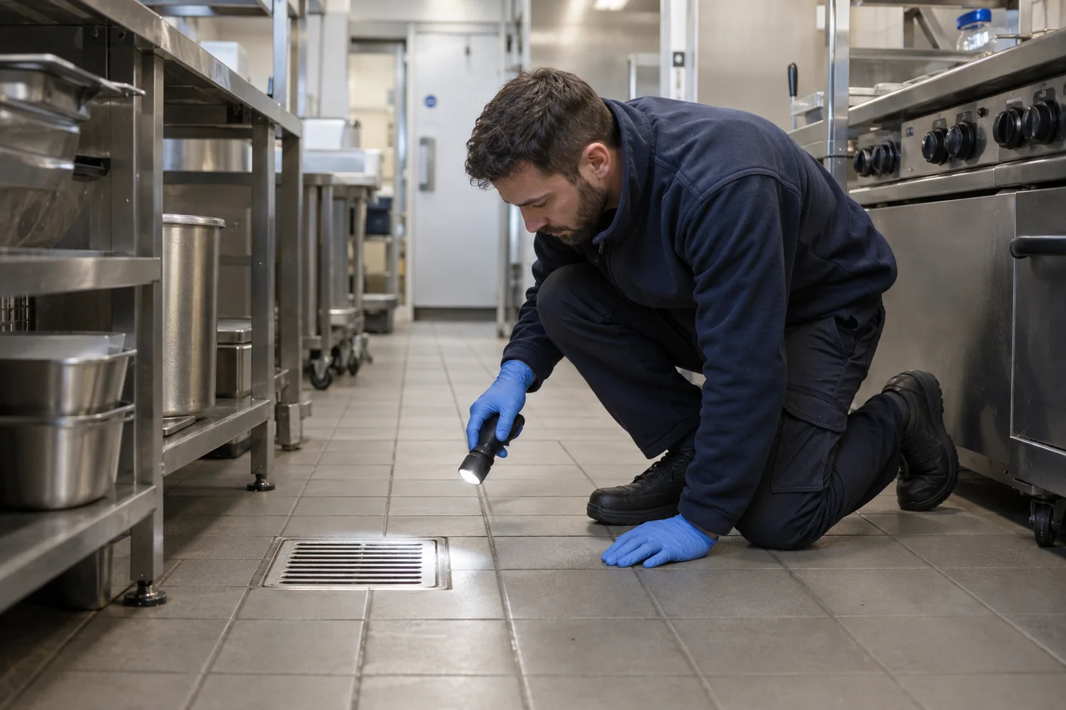 Technician inspecting pest activity around a commercial kitchen drain