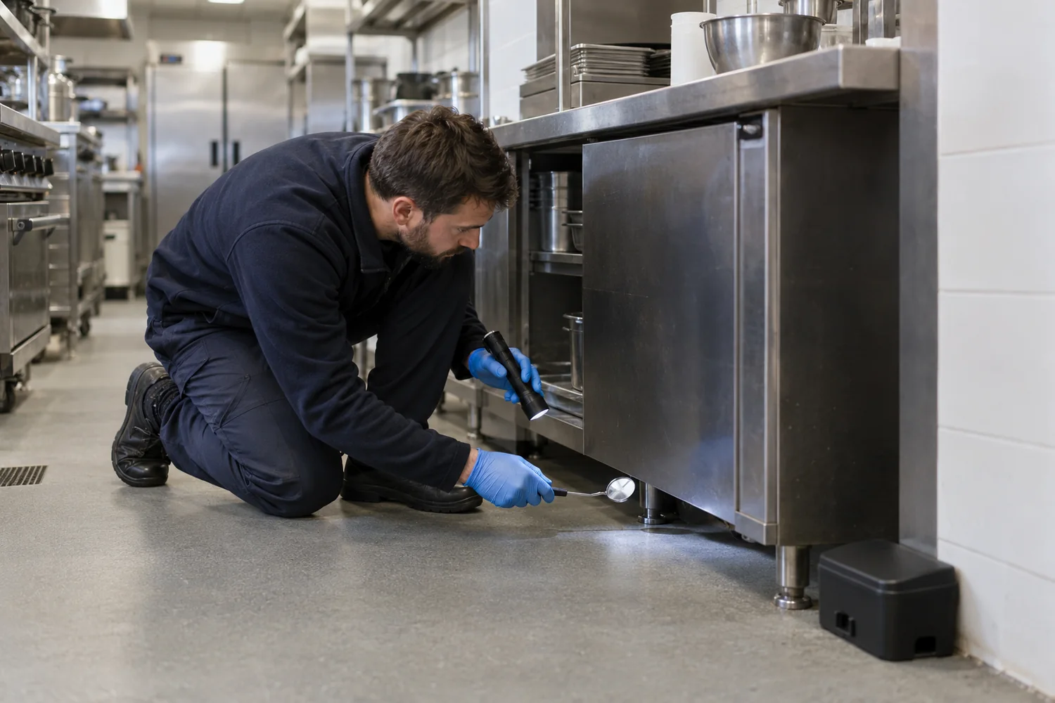 Technician inspecting rodent access beneath commercial kitchen units