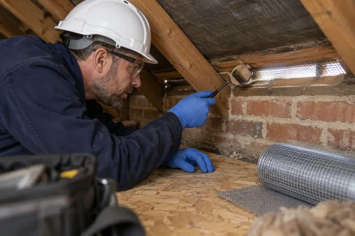 Technician inspecting loft ventilation and roof exclusion mesh