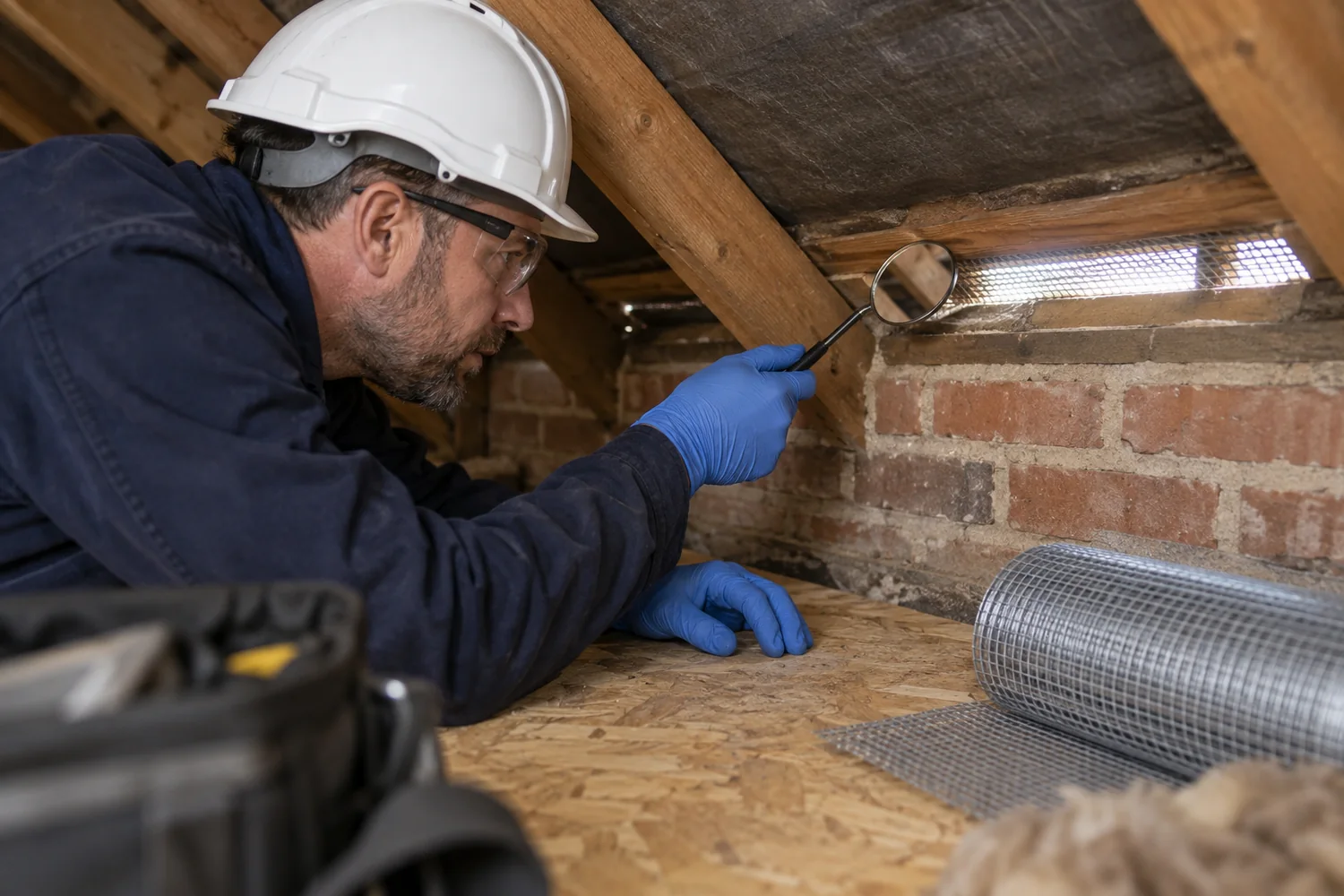 Technician inspecting loft ventilation and roof exclusion mesh