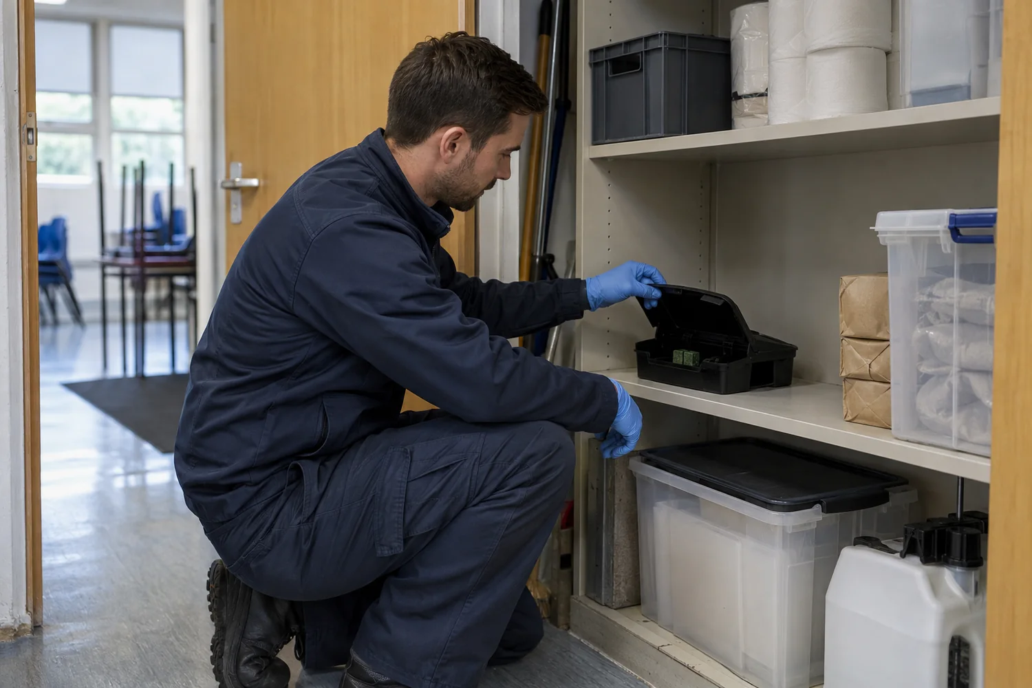 Technician checking a pest monitoring station in a school storage area