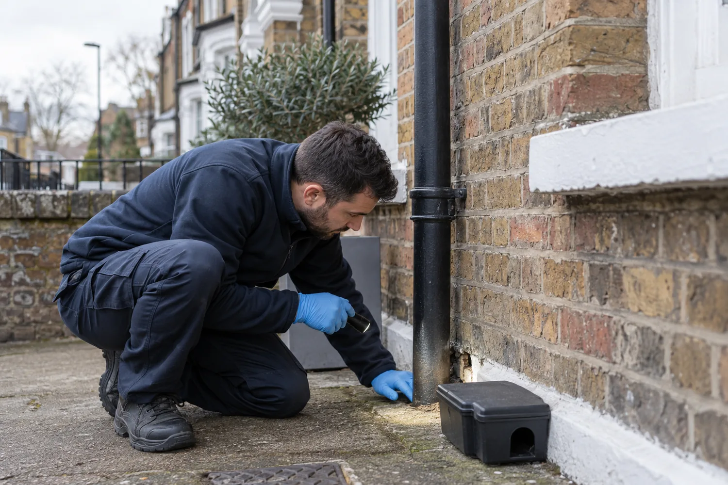 Technician inspecting an exterior pipe entry point at a terraced house