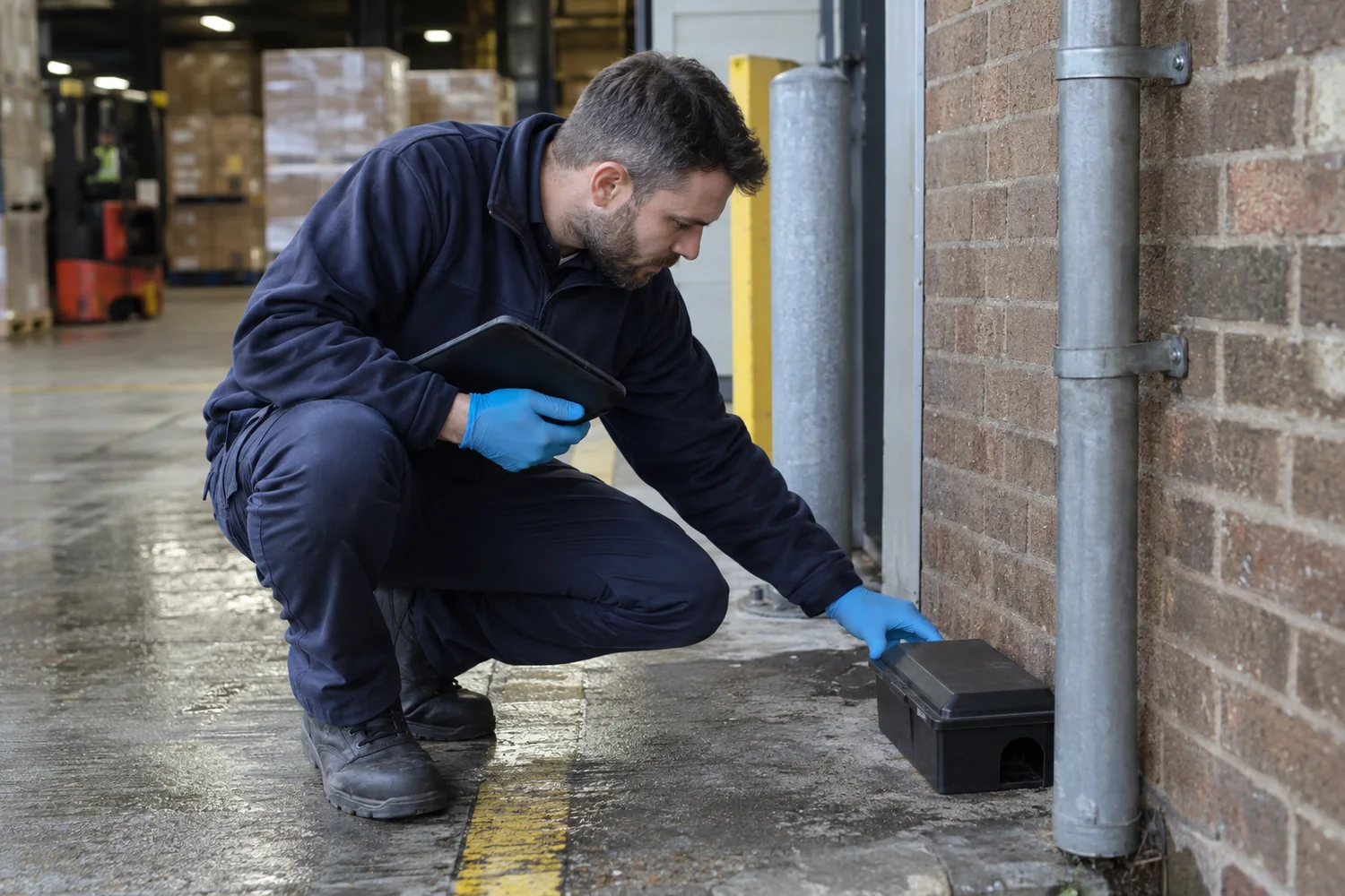 Technician checking a rodent station beside warehouse pipework