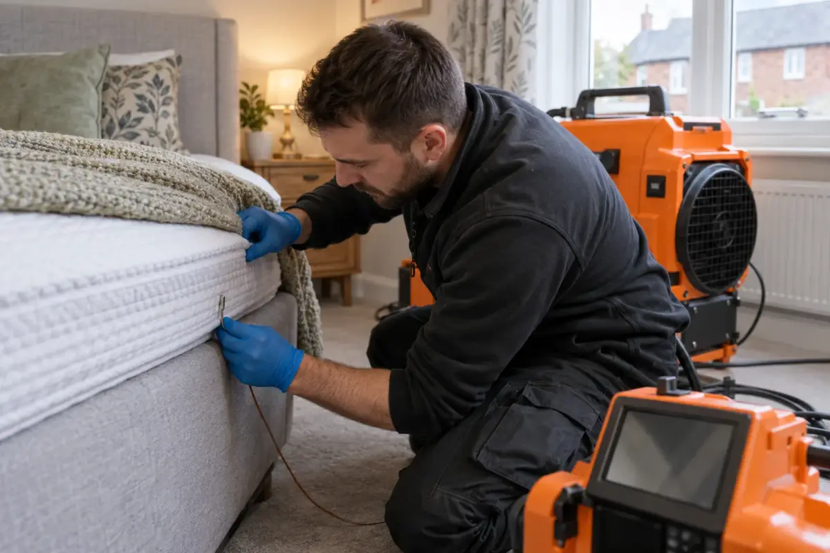 Technician positioning a temperature probe beside bedroom heat-treatment equipment