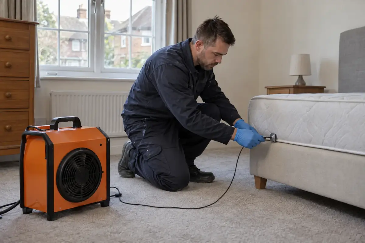 Technician checking a temperature sensor during bedroom heat-treatment preparation